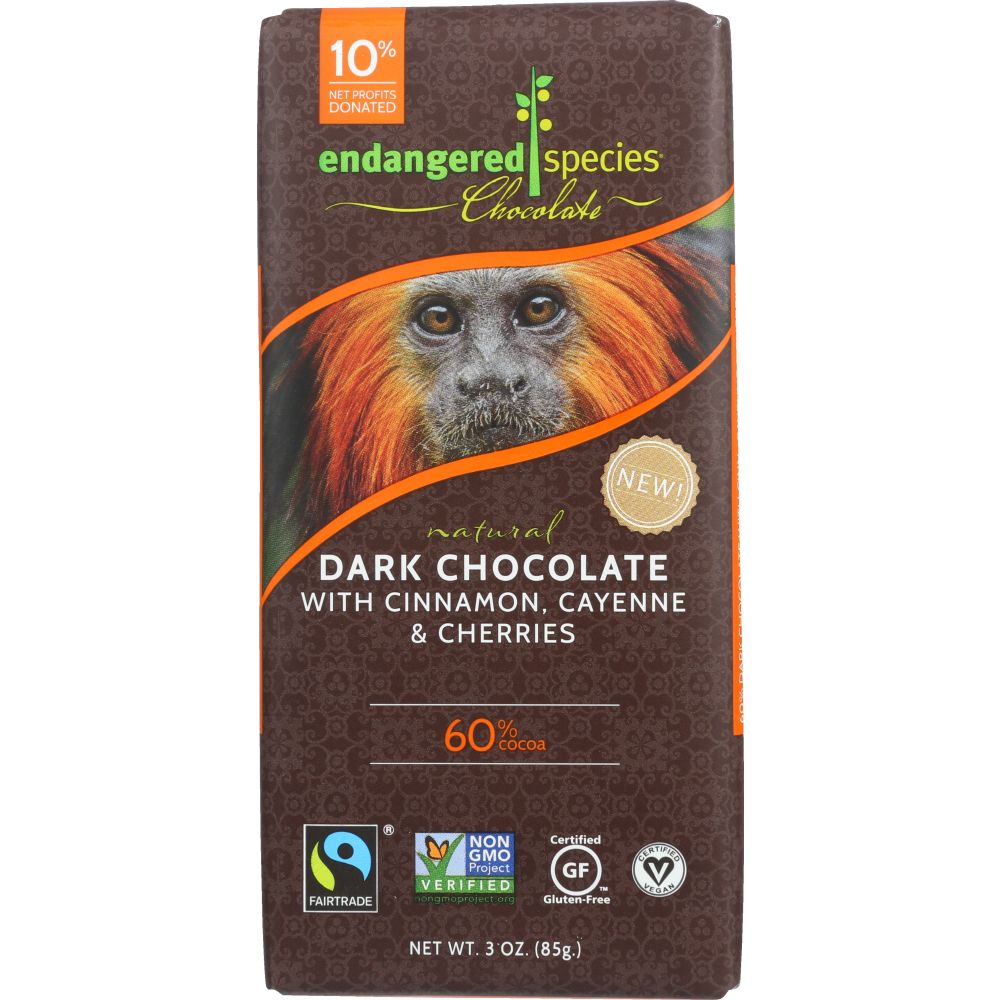 ENDANGERED SPECIES: Chocolate Natural 60% Dark Chocolate Bar Cinnamon Cayenne & Cherries, 3 Oz